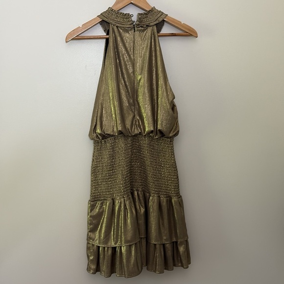 AQUA Metallic Lamé Mini Dress Sleeveless Smocked Ruffle Size Small - Picture 6 of 14